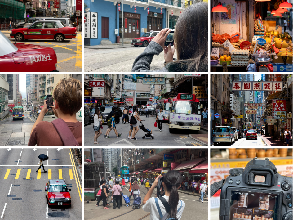 A collage of various images from a photography workshop in Hong Kong, showing people taking photos on the street with different cameras.