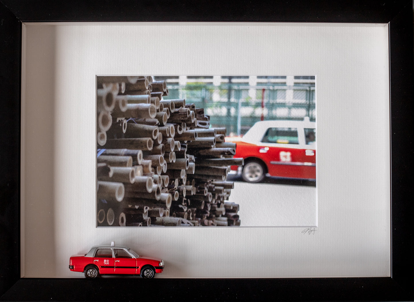 Bamboo Taxi Framed picture with Miniture Red Hong Kong Taxi